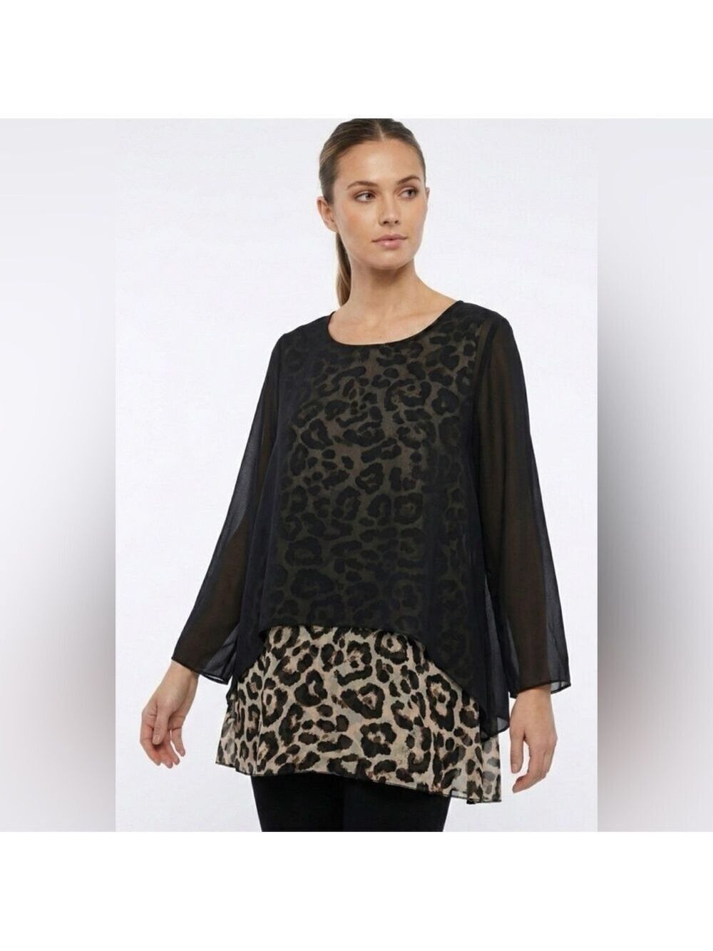 K d. BEAUTIFUL Poly Chiffon Animal Print Blouse w/ Black Chiffon Overlay Sz XL